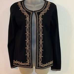 Vintage Studio G Black Cardigan with Ornate Gold Chain Embroidery Open Front